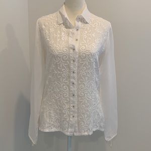 Johnny Was White Embroidered Button Down Blouse